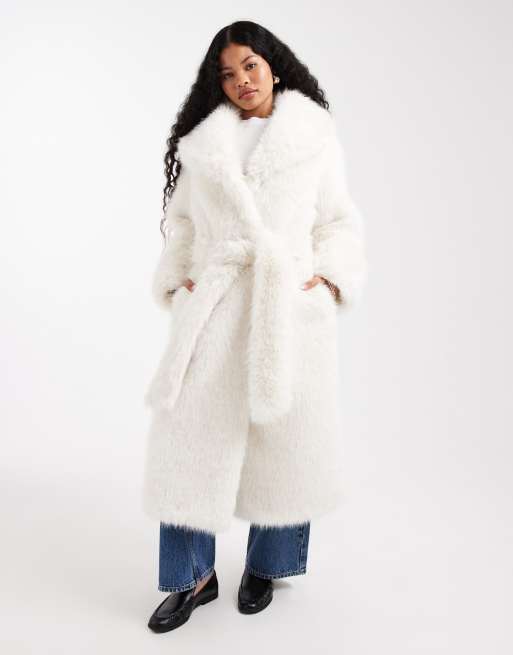 ASOS DESIGN Petite longline belted faux fur coat in cream