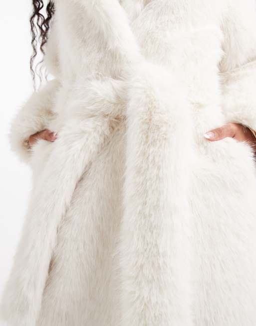 ASOS DESIGN Petite longline belted faux fur coat in cream