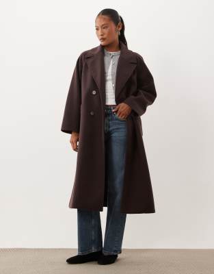 Asos Petite Asos Design Petite Longline Double Breasted Coat In Brown