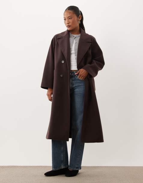 ASOS DESIGN Petite longline double breasted coat in chocolate plum - view 1