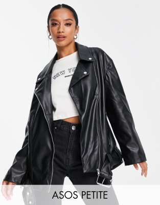 ASOS Petite ASOS DESIGN Petite longline oversized faux leather biker jacket in black