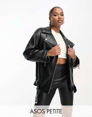 [ASOS Petite] ASOS DESIGN Petite longline oversized faux leather biker jacket in black 16 Black