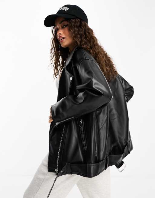 ASOS DESIGN Petite longline oversized faux leather biker jacket in black ASOS