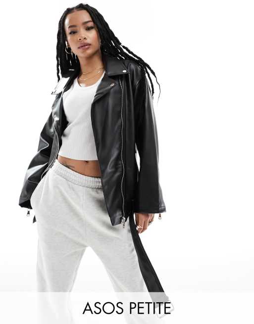 ASOS DESIGN Petite longline oversized faux leather biker jacket in black