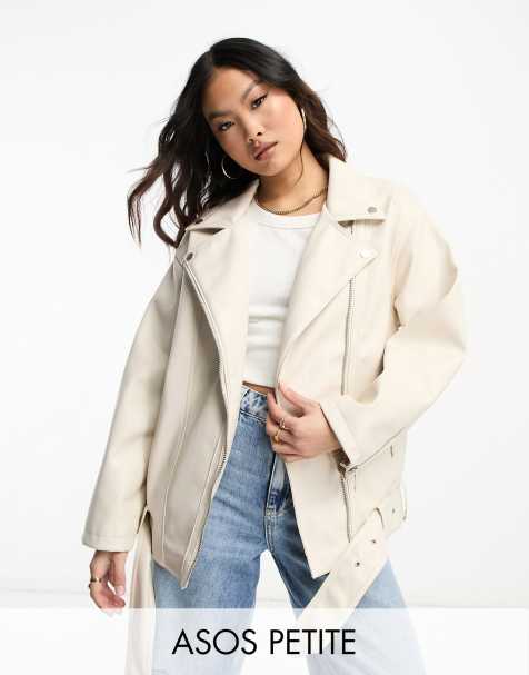 ASOS DESIGN Petite longline oversized faux leather biker jacket in ecru - view 1