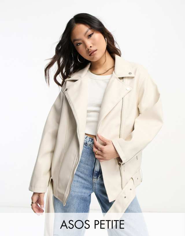 ASOS DESIGN Petite longline oversized faux leather biker jacket in ecru