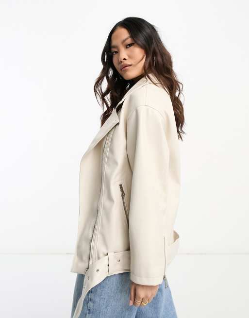 ASOS DESIGN Petite longline oversized faux leather biker jacket in ecru, 2 of 4