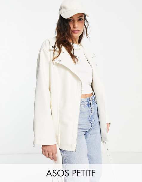 ASOS DESIGN Petite Longline oversized faux leather biker jacket in white - view 1