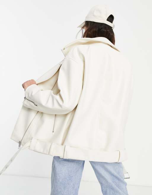 ASOS DESIGN Petite Longline oversized faux leather biker jacket in white, 2 of 4