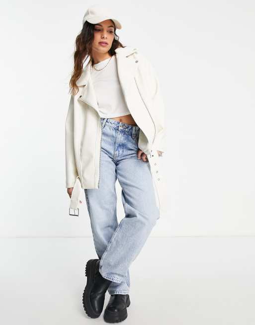 ASOS DESIGN Petite Longline oversized faux leather biker jacket in white, 3 of 4