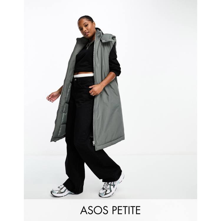 ASOS DESIGN Petite longline paper touch gilet with hood in charcoal