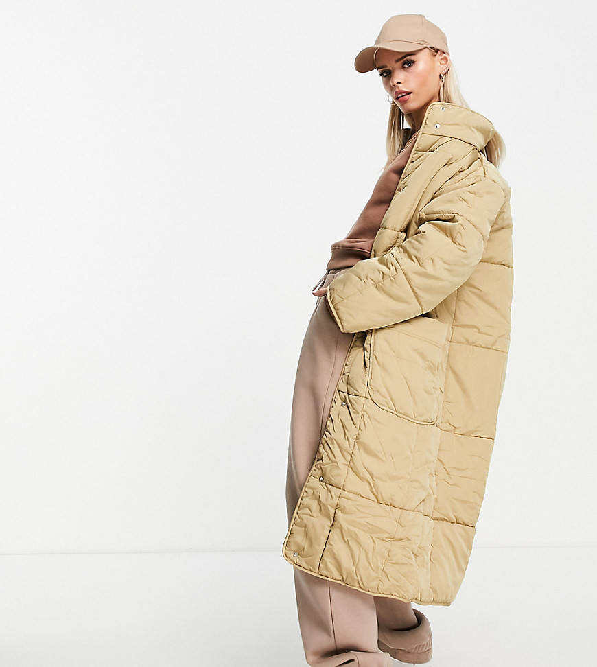 ASOS DESIGN Petite longline square quilted maxi coat in camel-Neutral