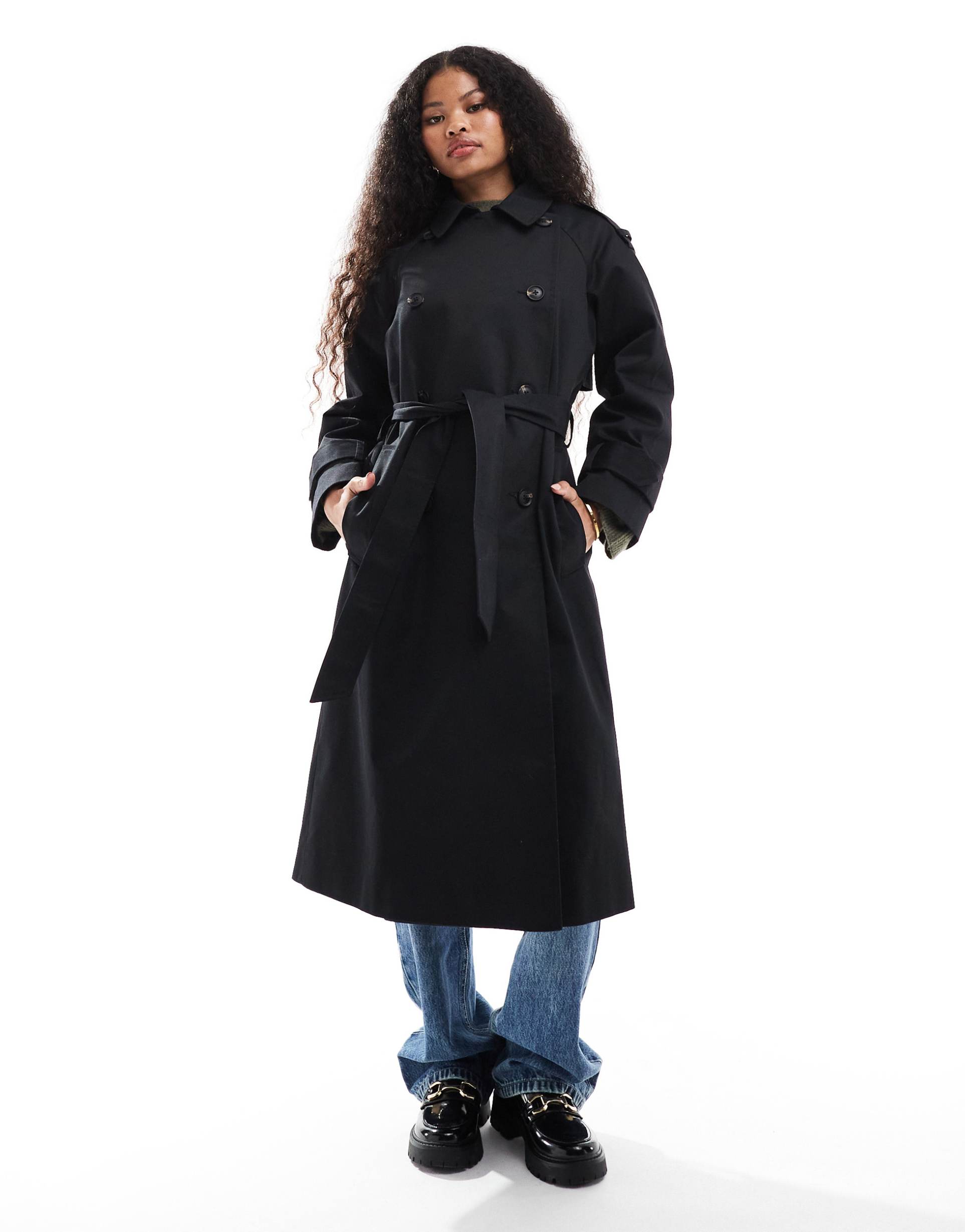 asos design petite longline trench coat in black