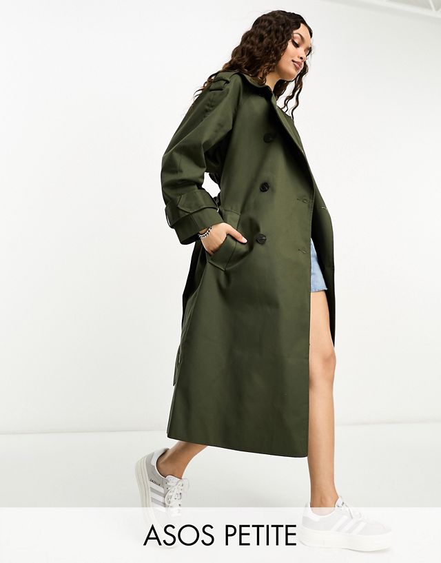 ASOS DESIGN Petite longline trench coat in khaki