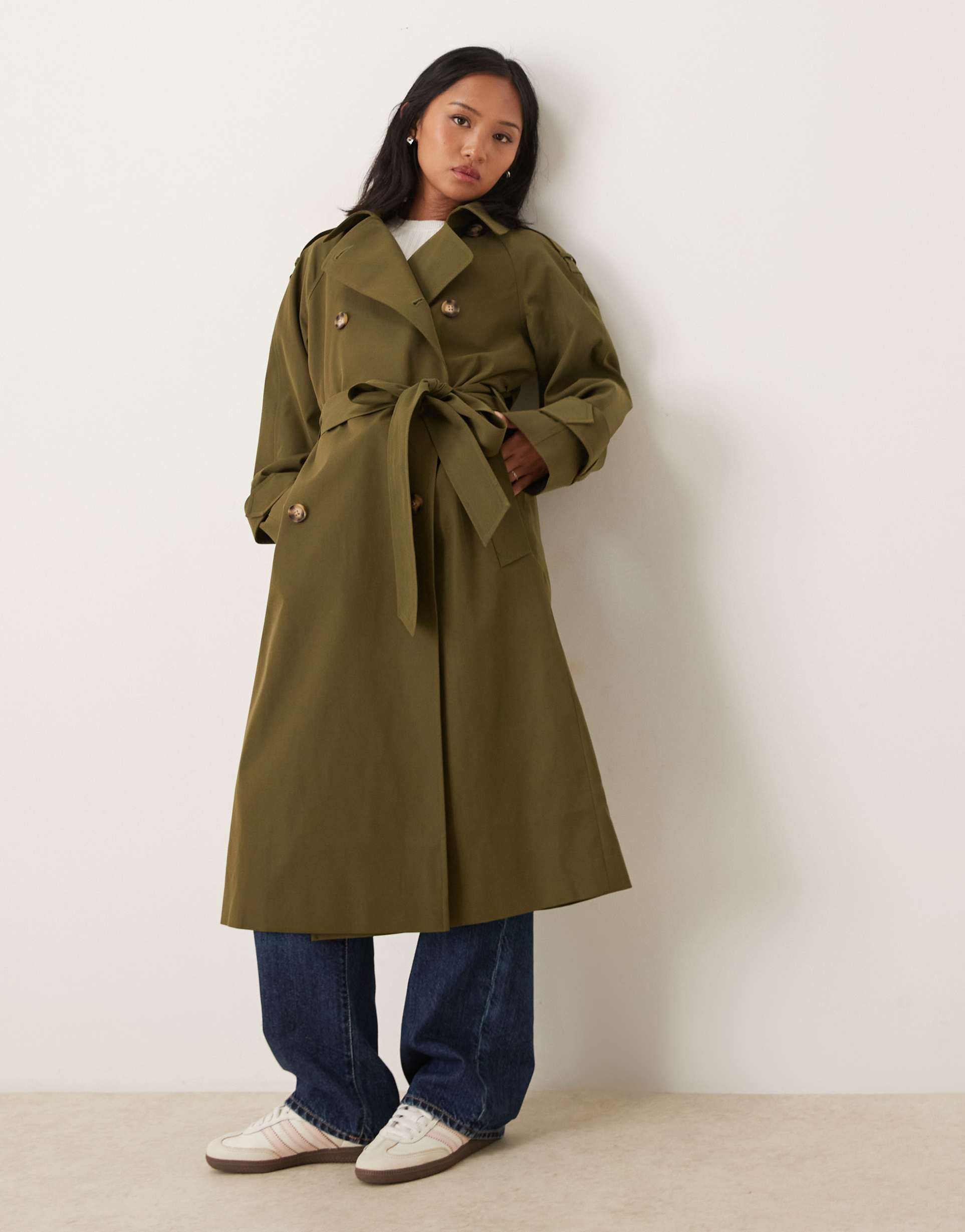 asos design petite longline trench coat in olive