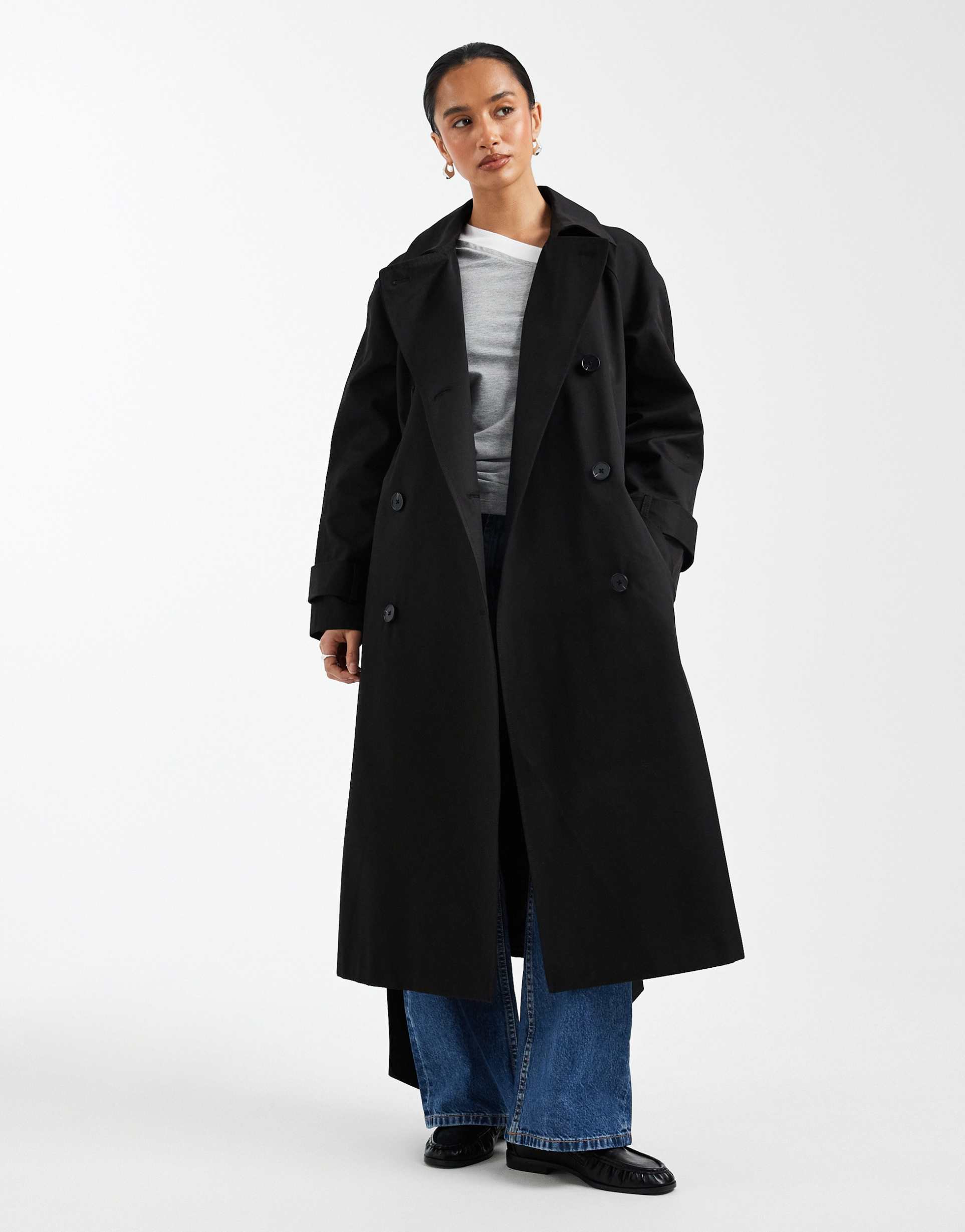 asos design petite longline trench coat with cotton and water repellent finish in black