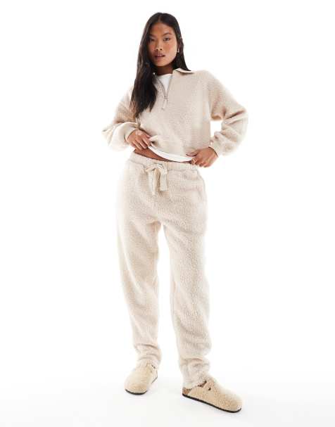 ASOS DESIGN Petite lounge borg zip collar sweat & tapered pants set in cream - view 1