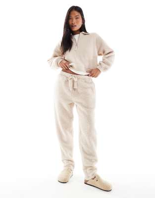 ASOS DESIGN Petite lounge borg zip collar sweatshirt & tapered pants set in cream-White