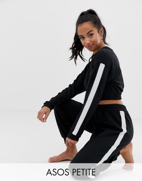 ASOS DESIGN Petite lounge crop sweat & jogger set with side stripe