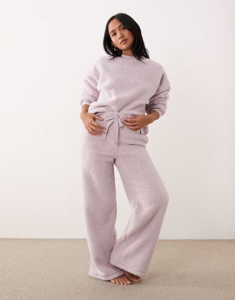 ASOS DESIGN Petite lounge cuddle crew neck sweat & wide leg trouser set in lilac - view 1