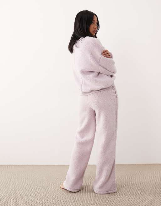 ASOS DESIGN Petite lounge cuddly crew neck sweatshirt & wide leg pants set in lilac, 3 of 4