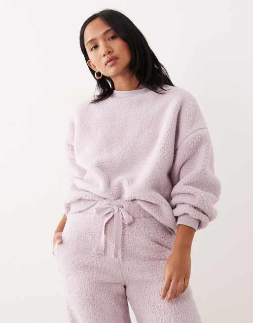 ASOS DESIGN Petite lounge cuddly crew neck sweatshirt & wide leg pants set in lilac, 4 of 4