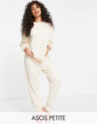 ASOS Petite ASOS DESIGN Petite lounge lightweight slubby sweat & jogger set in oatmeal-Neutral