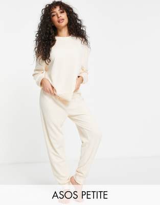 ASOS DESIGN Petite lounge lightweight slubby sweat & sweatpants set in oatmeal-Neutral