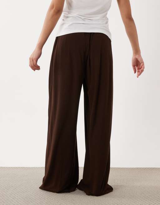 ASOS DESIGN Petite lounge mix & match rib wide leg pyjama bottom in chocolate, 4 of 4