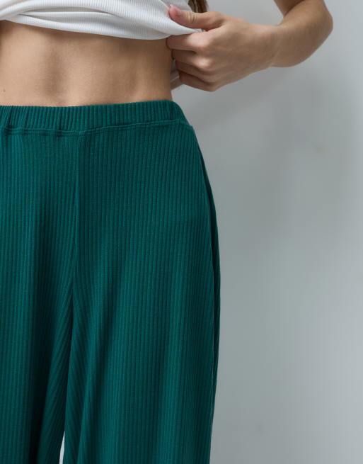 ASOS DESIGN Petite lounge mix & match rib wide leg pyjama bottom in dark green, 2 of 4