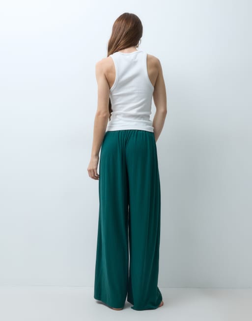 ASOS DESIGN Petite lounge mix & match rib wide leg pyjama bottom in dark green, 3 of 4