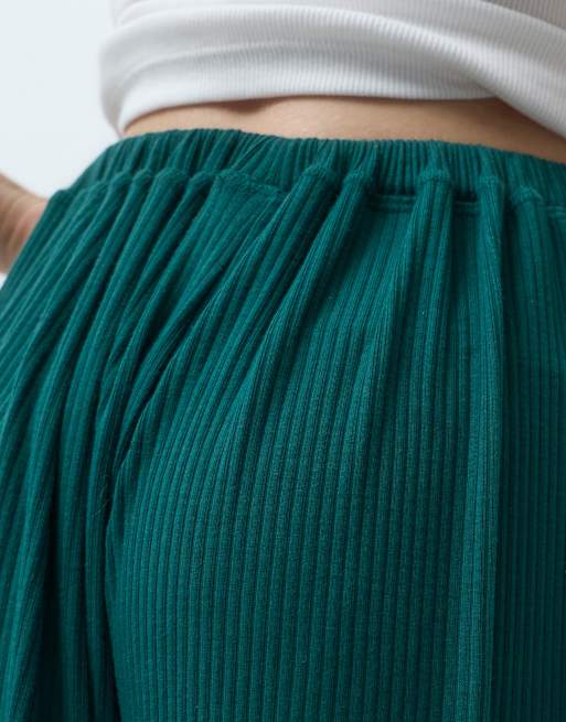 ASOS DESIGN Petite lounge mix & match rib wide leg pyjama bottom in dark green, 4 of 4