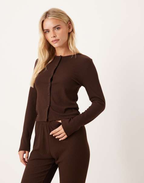 ASOS DESIGN Petite lounge mix & match ribbed cardigan in chocolate brown - view 1