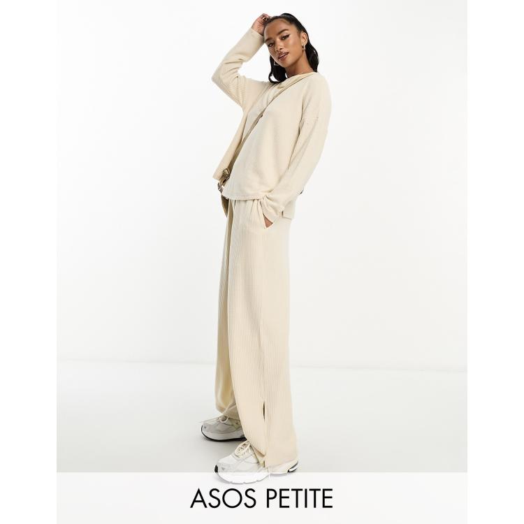 ASOS DESIGN Petite lounge soft touch rib sweat & trouser set in cream