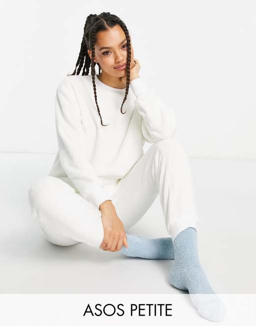 ASOS DESIGN Petite lounge super soft fleece sweat & sweatpants set in cream