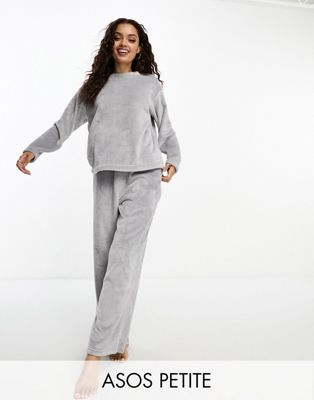 ASOS DESIGN Petite lounge super soft fleece sweat & trouser set in grey