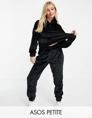 ASOS DESIGN Petite lounge super soft fleece zip up sweat & jogger set in black - ASOS Price Checker