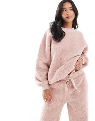 ASOS DESIGN Petite lounge teddy sweatshirt & wide leg pants set in pink-Gray