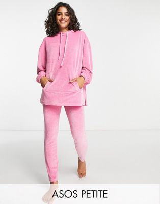 ASOS DESIGN Petite lounge velour hoodie & legging set in pink