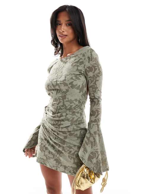 ASOS DESIGN Petite low back burnout mini dress with wide cuffs in sage green, 2 of 4