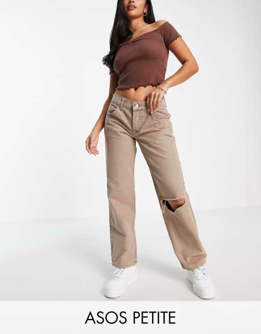 ASOS DESIGN Petite low rise 90s straight trouser with split hem in stone