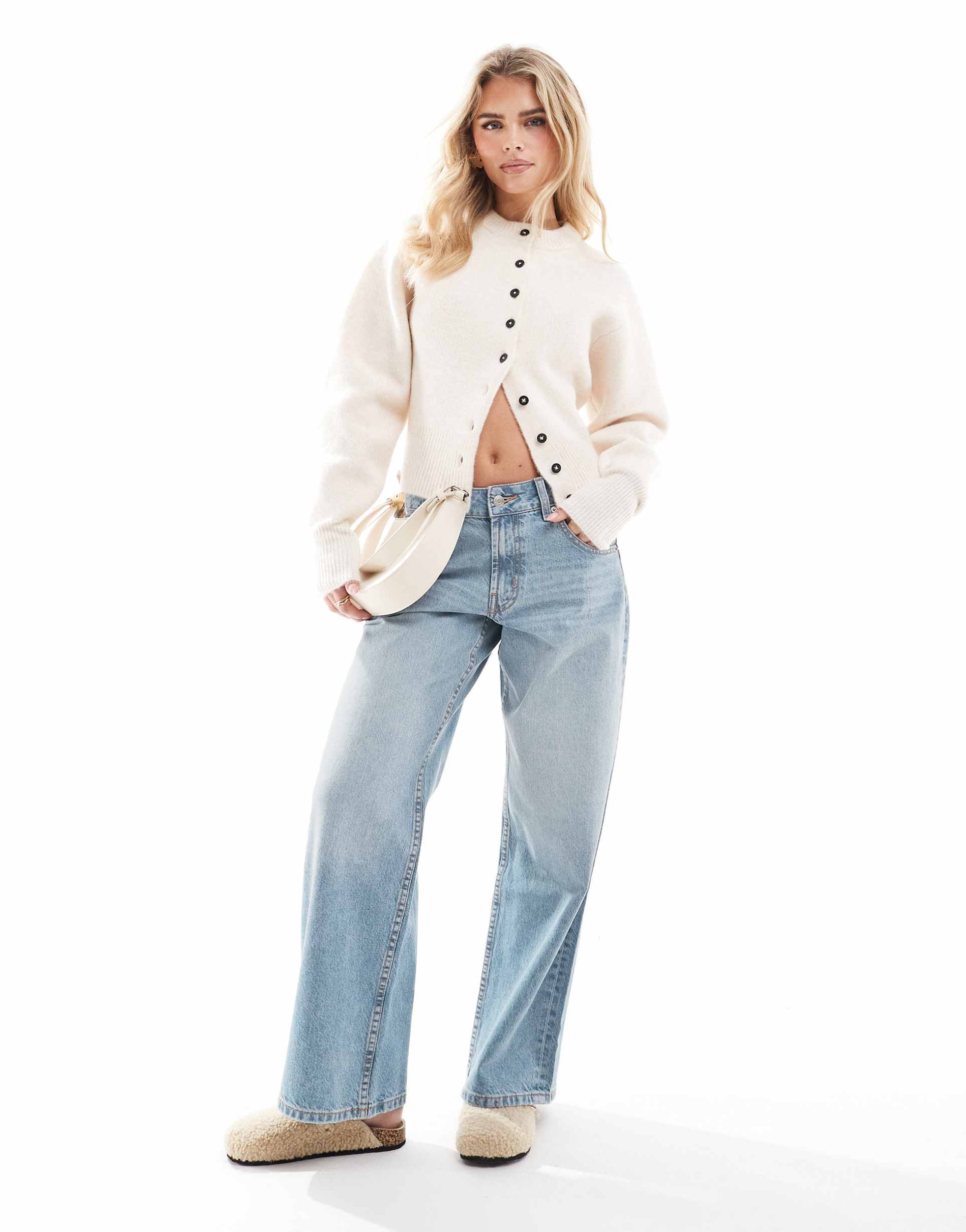 asos design petite low rise baggy jeans in lightwash