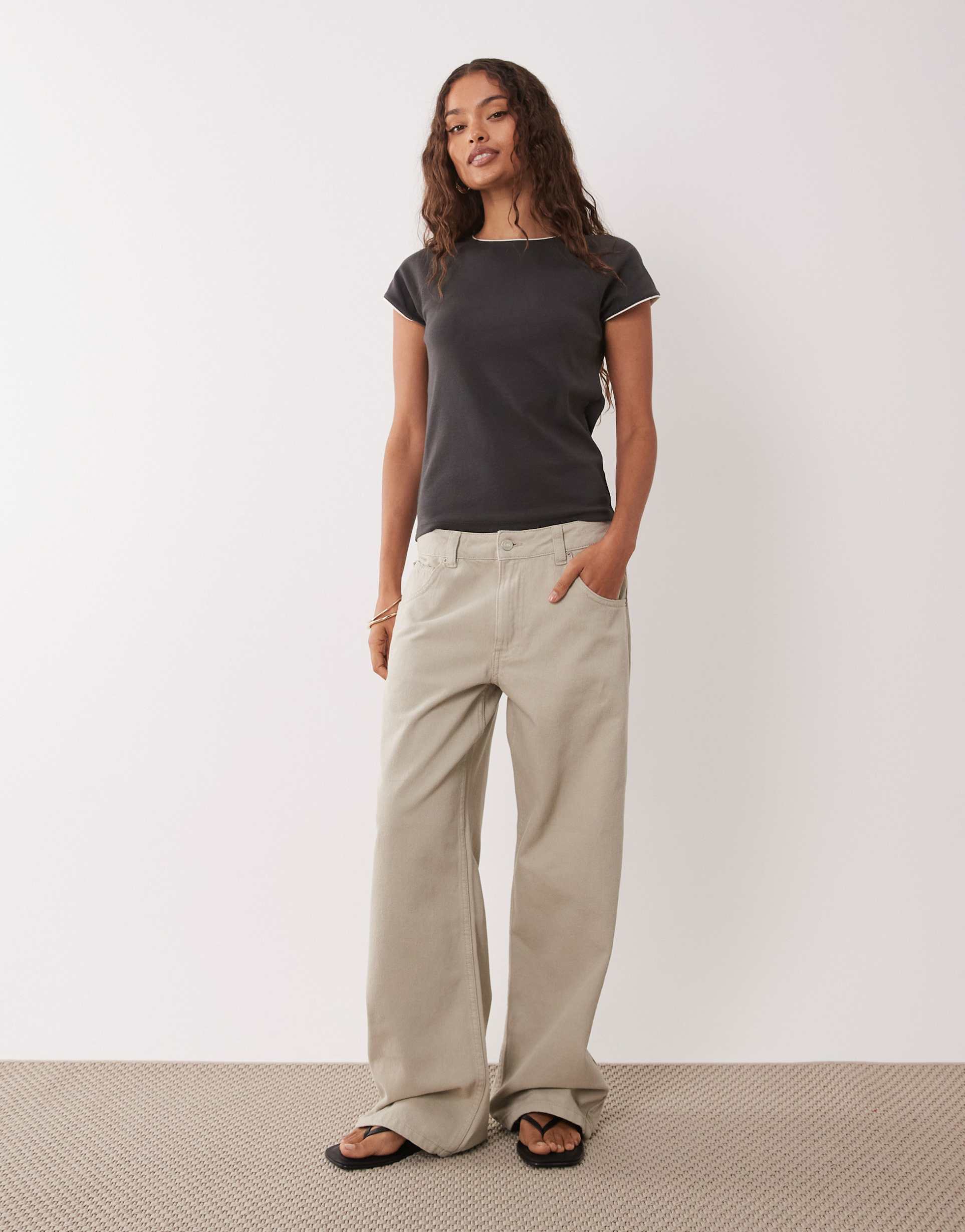 asos design petite low rise baggy jeans in neutral