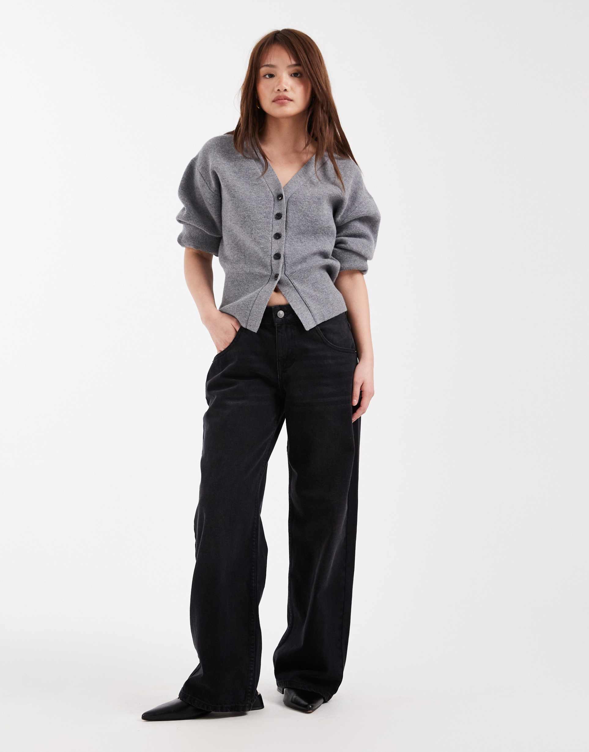 asos design petite low rise baggy jeans in washed black