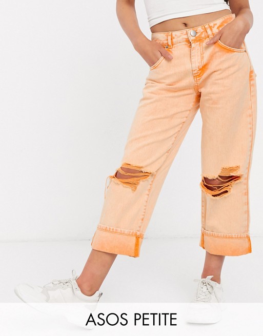 ASOS DESIGN Petite low slung carpenter jeans with extreme rips in orange