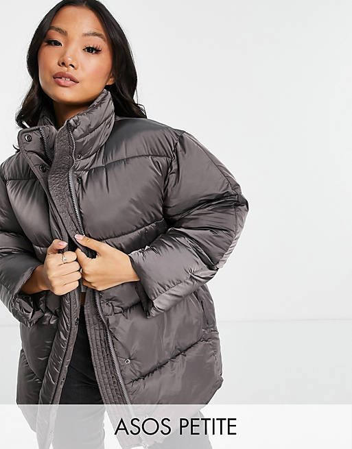 Women Petite luxe shiny oversized puffer jacket in charcoal 