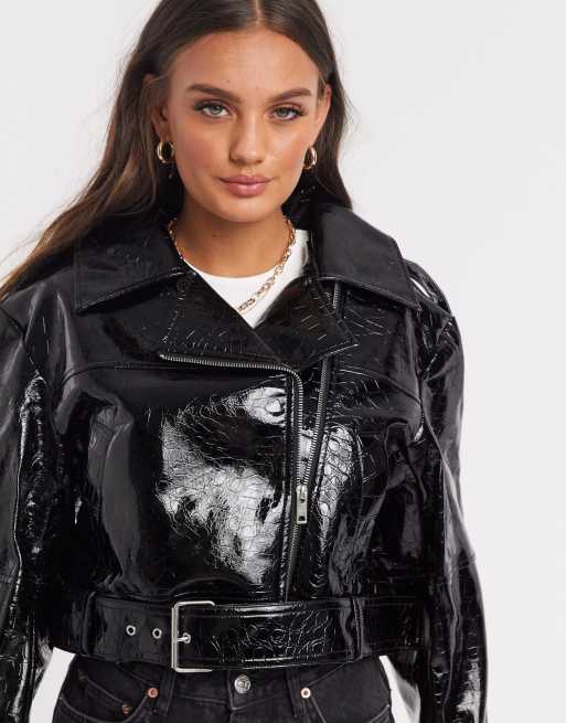 Women Ombre Croco Printed Leather Biker Jacket Black / L / Leather