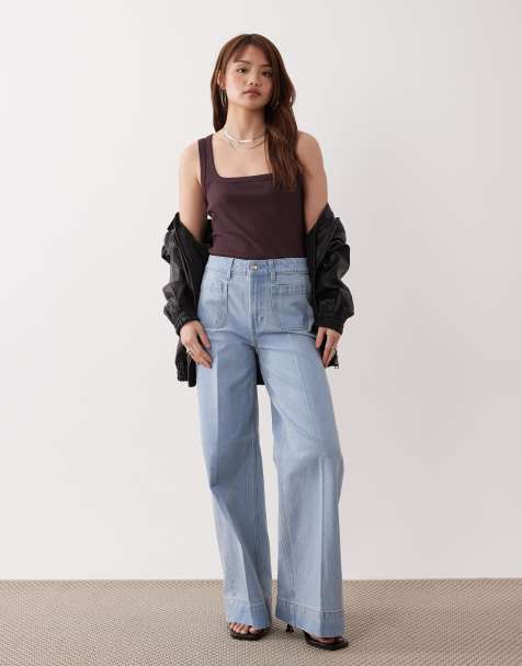 ASOS DESIGN Petite - Lyseblå forvaskede og højtaljede jeans med vide ben og forlommer - view 1