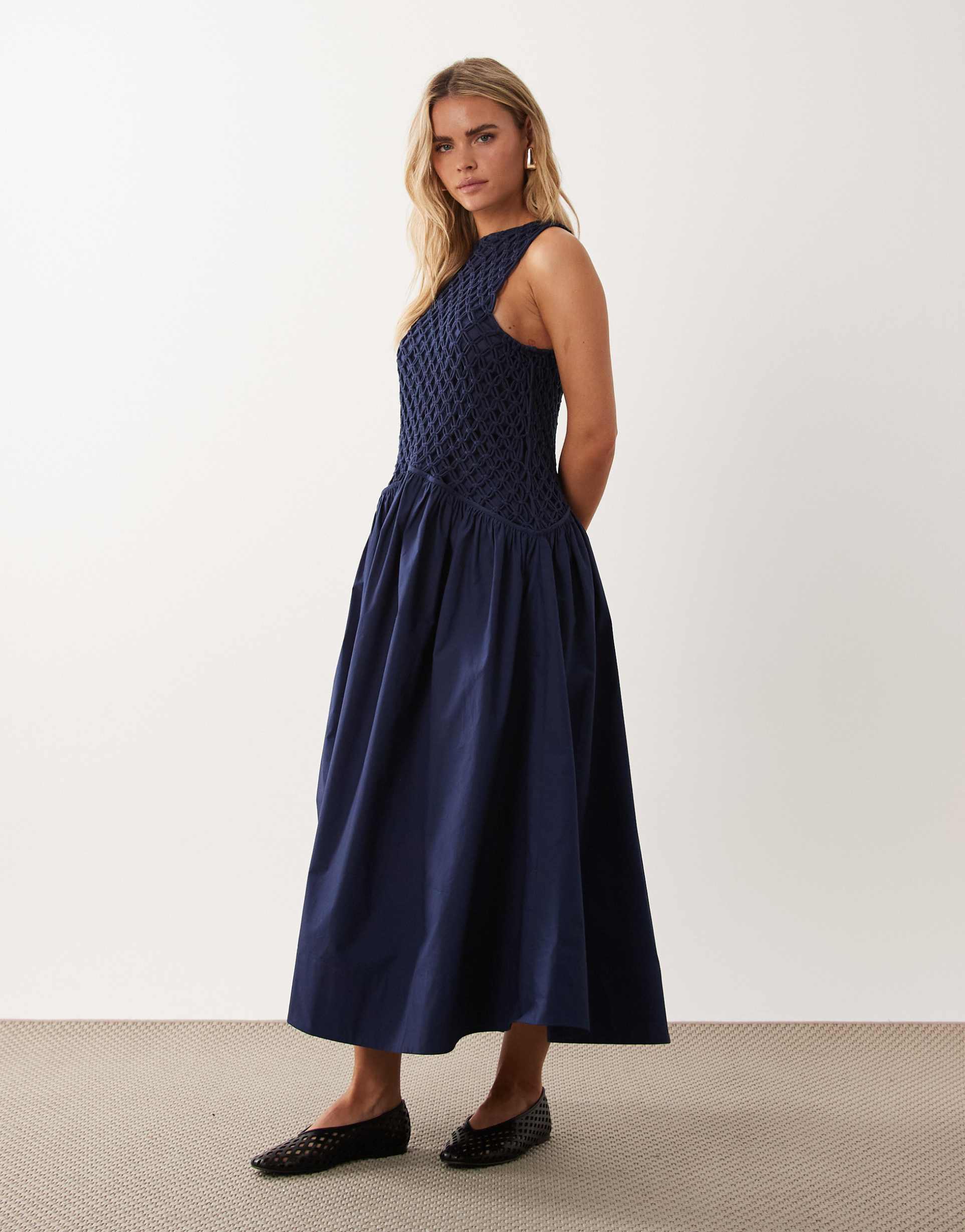asos design petite macrame dropped waist maxi dress with poplin skirt in navy