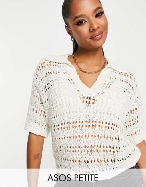 ASOS DESIGN Petite - Maglione stile polo traforato color crema